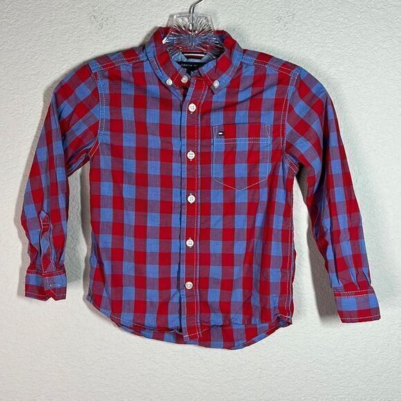 Tommy Hilfiger Red Blue Plaid Round Hem Longsleeves Button Down Shirt Boys Small - Picture 1 of 6